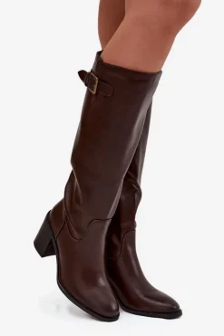 Discount Boto Kozaki Damskie Na Słupku Z Klamrą Czekoladowe Brenira Brązowy