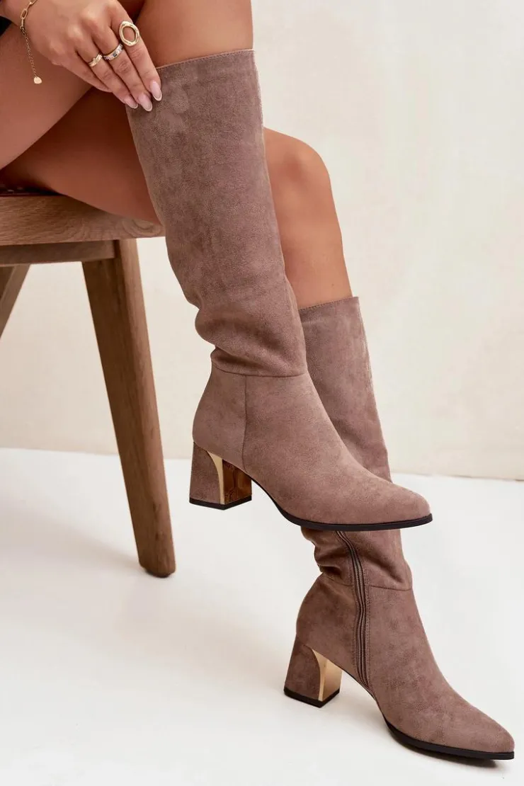 Best Boto Kozaki Damskie Na Słupku Ze Złotym Elementem Beżowe Nivarae Beżowy