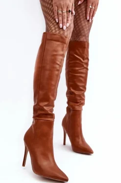 Outlet Boto Kozaki Damskie Na Szpilce Brązowe Sirenpha