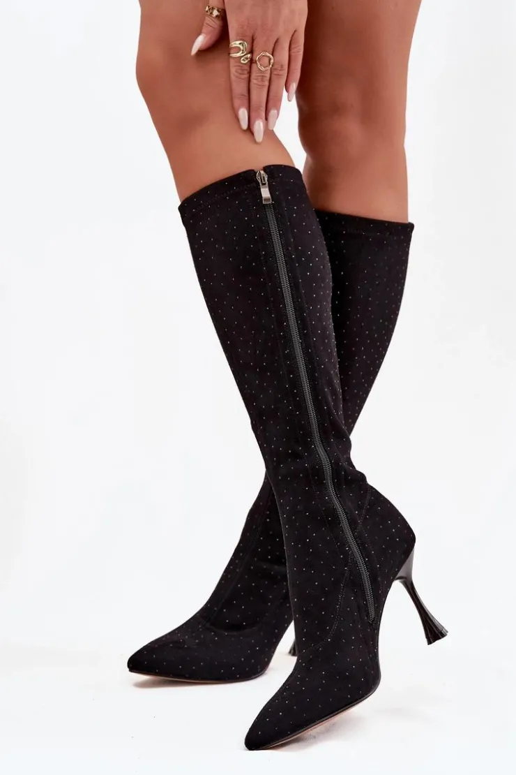 New D&A Kozaki Damskie Na Szpilce Ze Zdobieniem JC52-883 Czarne