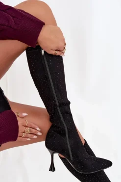 New D&A Kozaki Damskie Na Szpilce Ze Zdobieniem JC52-883 Czarne