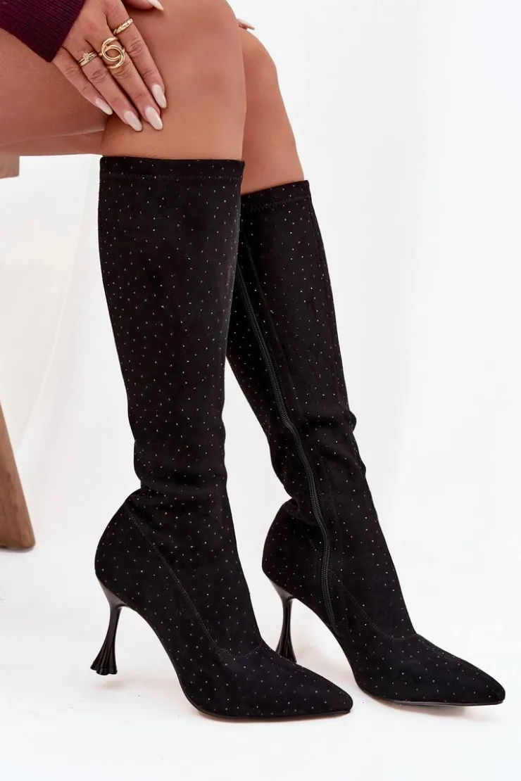 New D&A Kozaki Damskie Na Szpilce Ze Zdobieniem JC52-883 Czarne