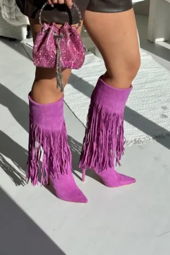 Boto Kozaki Damskie Na Szpilce Z Frędzlami Fioletowe Isalune Fioletowy