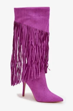 Boto Kozaki Damskie Na Szpilce Z Frędzlami Fioletowe Isalune Fioletowy