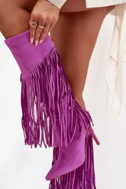 Boto Kozaki Damskie Na Szpilce Z Frędzlami Fioletowe Isalune Fioletowy