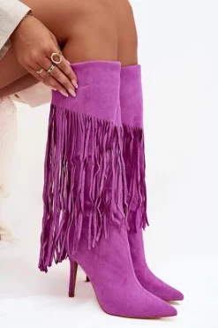 Boto Kozaki Damskie Na Szpilce Z Frędzlami Fioletowe Isalune Fioletowy