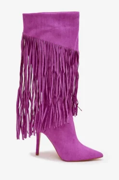Boto Kozaki Damskie Na Szpilce Z Frędzlami Fioletowe Isalune Fioletowy