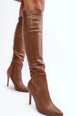 Damskie Boto Kozaki Damskie Na Szpilce Ciemnobeżowe Sirenpha