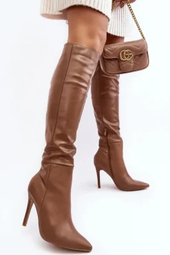 Damskie Boto Kozaki Damskie Na Szpilce Ciemnobeżowe Sirenpha