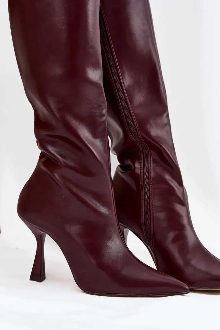 New Boto Kozaki Damskie Na Szpilce Przed Kolano Bordowe Vionette Czerwony