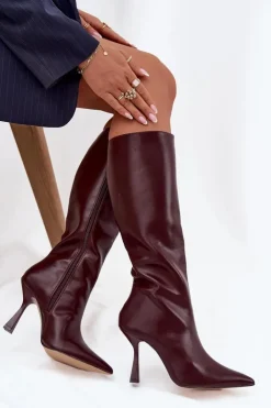 New Boto Kozaki Damskie Na Szpilce Przed Kolano Bordowe Vionette Czerwony