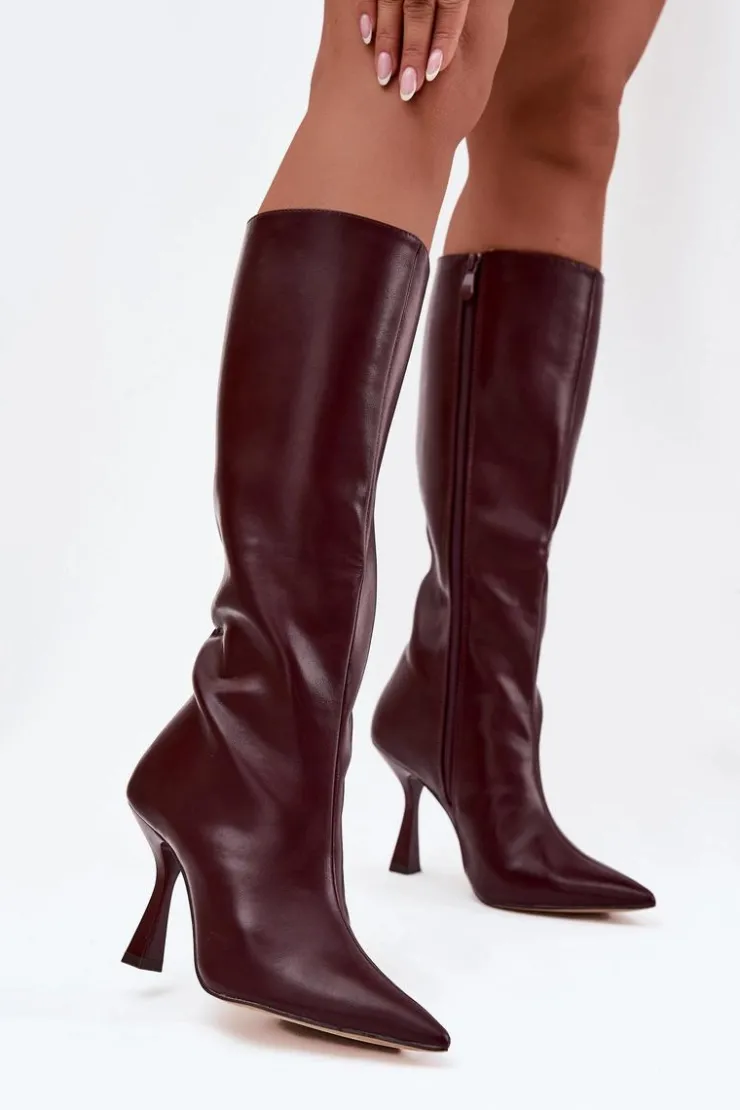 New Boto Kozaki Damskie Na Szpilce Przed Kolano Bordowe Vionette Czerwony