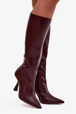 New Boto Kozaki Damskie Na Szpilce Przed Kolano Bordowe Vionette Czerwony