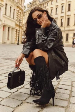 Boto Kozaki Ocieplane|Kozaki Na Szpilce*Kozaki Damskie Na Szpilce Z Frędzlami Czarne Isalune Czarny