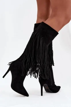Boto Kozaki Ocieplane|Kozaki Na Szpilce*Kozaki Damskie Na Szpilce Z Frędzlami Czarne Isalune Czarny