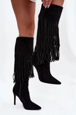 Boto Kozaki Ocieplane|Kozaki Na Szpilce*Kozaki Damskie Na Szpilce Z Frędzlami Czarne Isalune Czarny