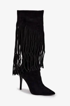 Boto Kozaki Ocieplane|Kozaki Na Szpilce*Kozaki Damskie Na Szpilce Z Frędzlami Czarne Isalune Czarny