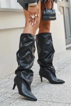 Damskie Boto Kozaki Damskie Na Szpilce Wsuwane Z Marszczeniem Czarne Rosivine