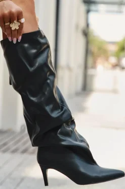 Damskie Boto Kozaki Damskie Na Szpilce Wsuwane Z Marszczeniem Czarne Rosivine