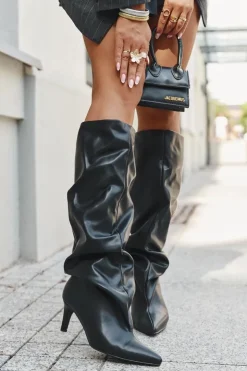 Damskie Boto Kozaki Damskie Na Szpilce Wsuwane Z Marszczeniem Czarne Rosivine