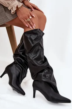 Damskie Boto Kozaki Damskie Na Szpilce Wsuwane Z Marszczeniem Czarne Rosivine