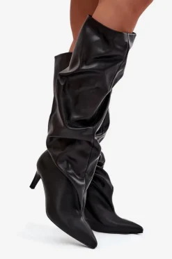 Damskie Boto Kozaki Damskie Na Szpilce Wsuwane Z Marszczeniem Czarne Rosivine