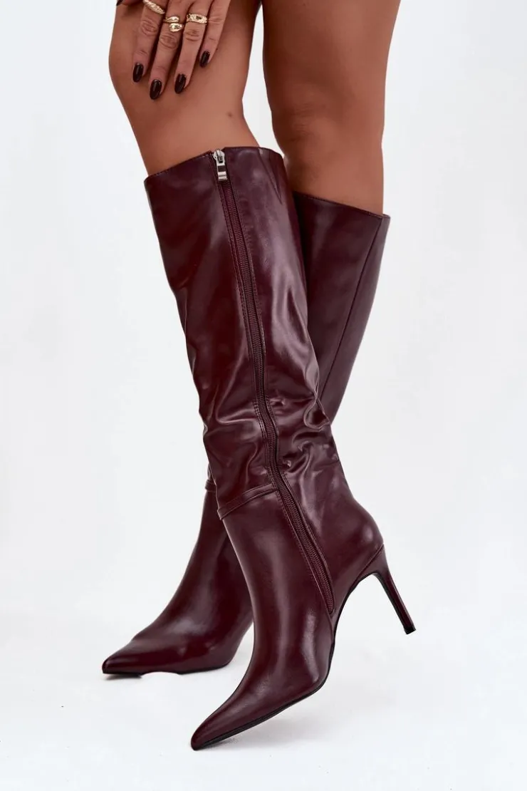 Damskie Boto Kozaki Damskie Na Szpilce Z Paskiem Bordowe Lisanne