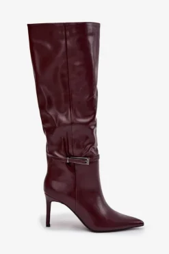 Damskie Boto Kozaki Damskie Na Szpilce Z Paskiem Bordowe Lisanne