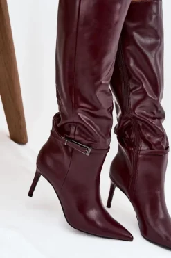 Damskie Boto Kozaki Damskie Na Szpilce Z Paskiem Bordowe Lisanne