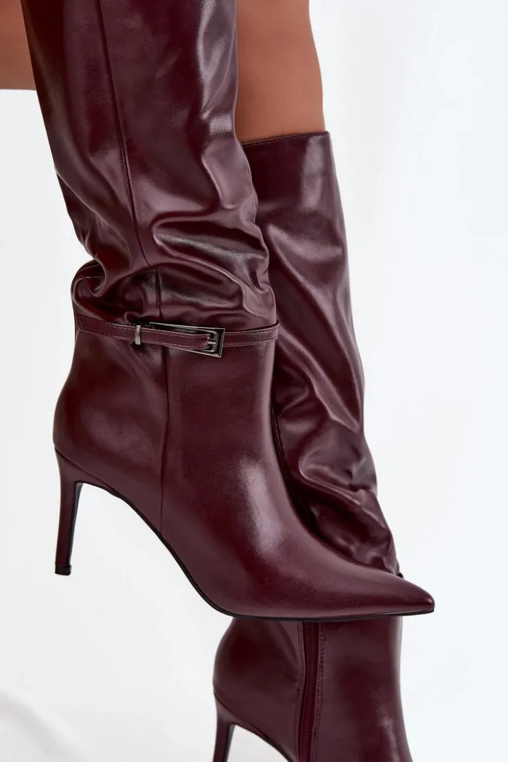 Damskie Boto Kozaki Damskie Na Szpilce Z Paskiem Bordowe Lisanne