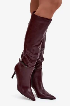 Damskie Boto Kozaki Damskie Na Szpilce Z Paskiem Bordowe Lisanne