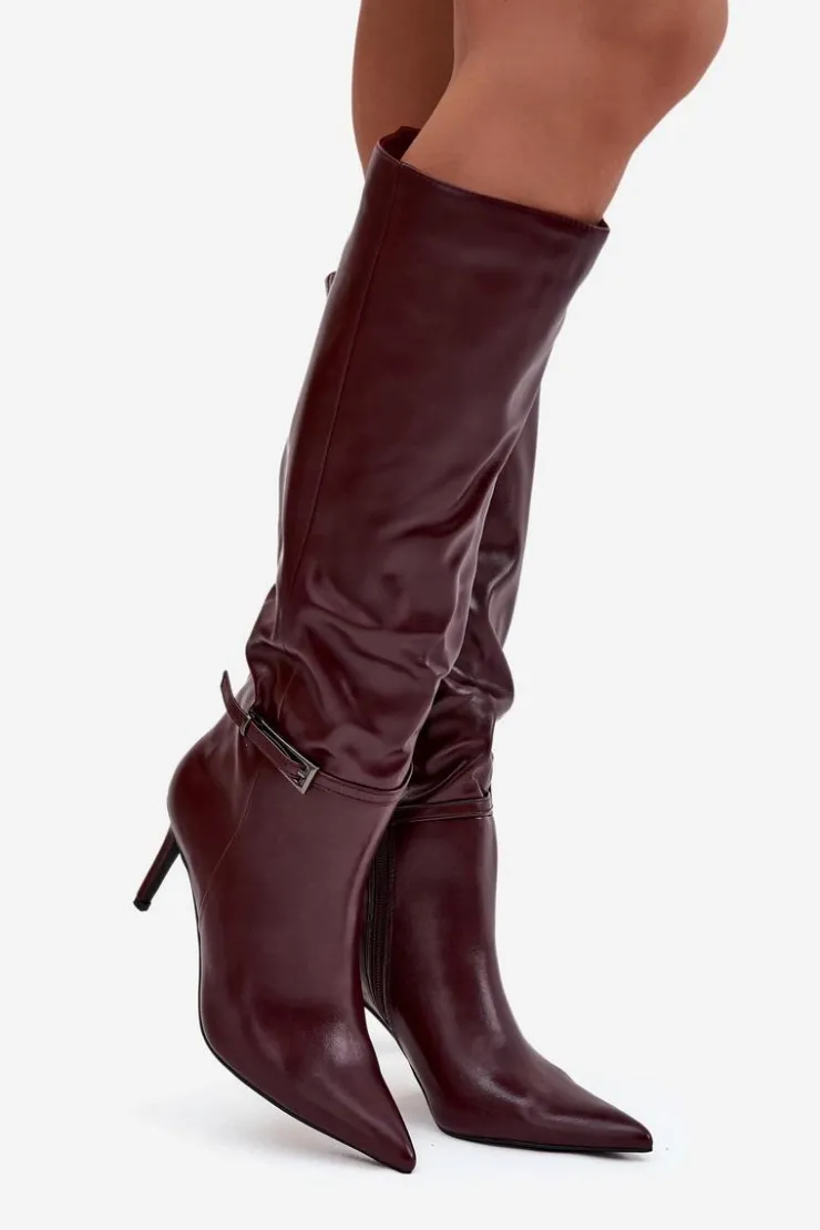 Damskie Boto Kozaki Damskie Na Szpilce Z Paskiem Bordowe Lisanne