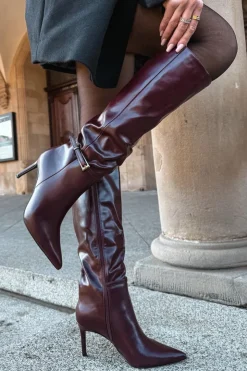 Damskie Boto Kozaki Damskie Na Szpilce Z Paskiem Bordowe Lisanne