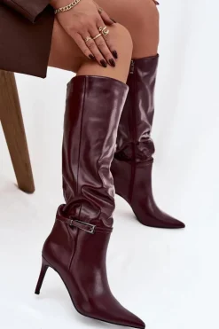 Damskie Boto Kozaki Damskie Na Szpilce Z Paskiem Bordowe Lisanne