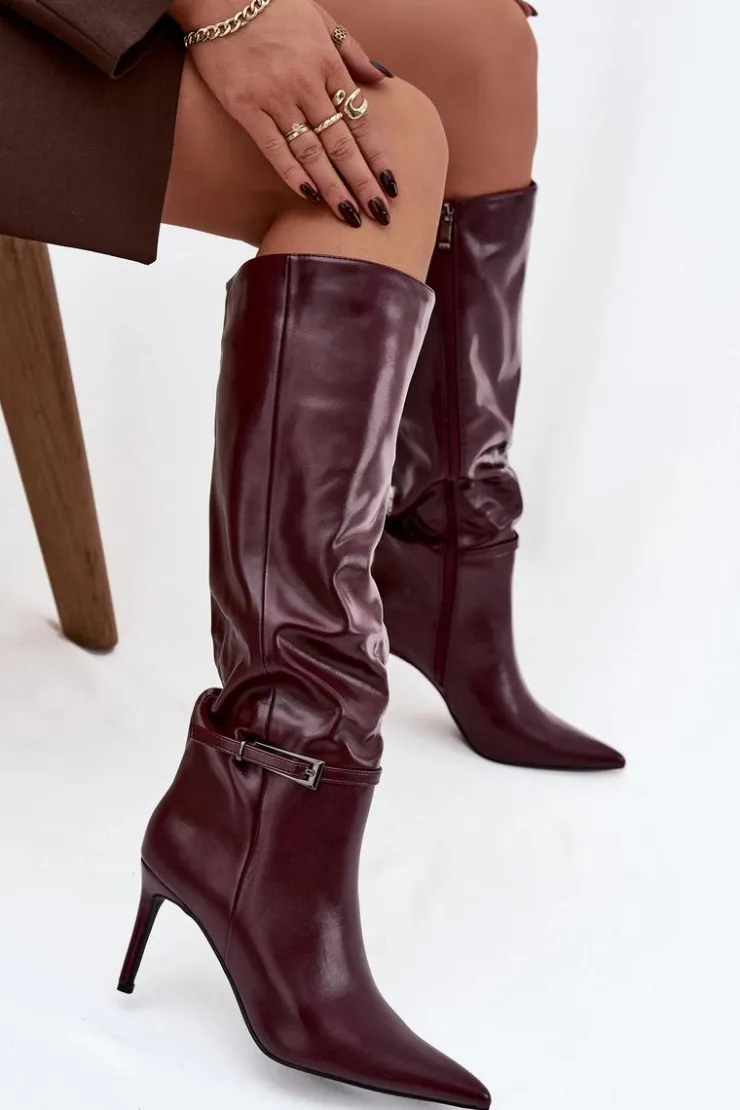 Damskie Boto Kozaki Damskie Na Szpilce Z Paskiem Bordowe Lisanne