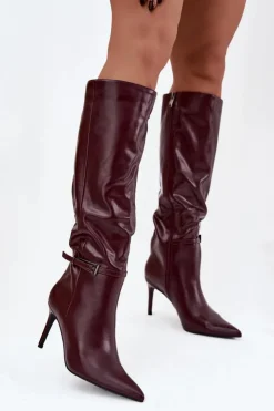 Damskie Boto Kozaki Damskie Na Szpilce Z Paskiem Bordowe Lisanne