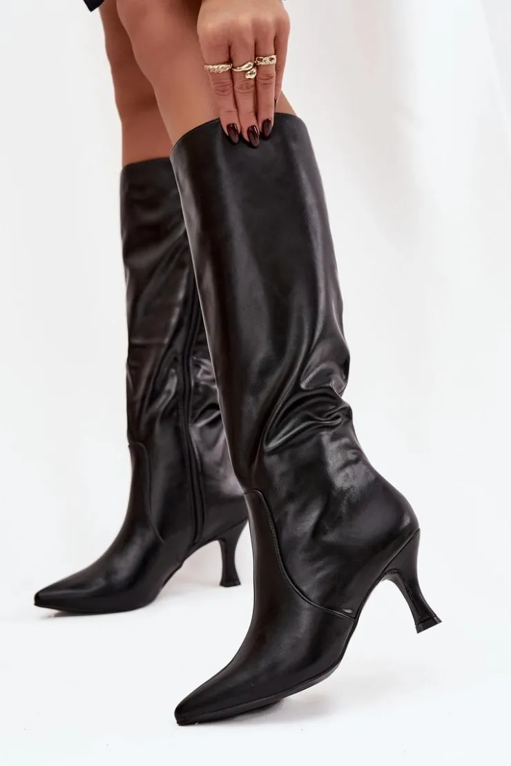 New Boto Kozaki Damskie Na Szpilce Z Eko Skóry Czarne Karella