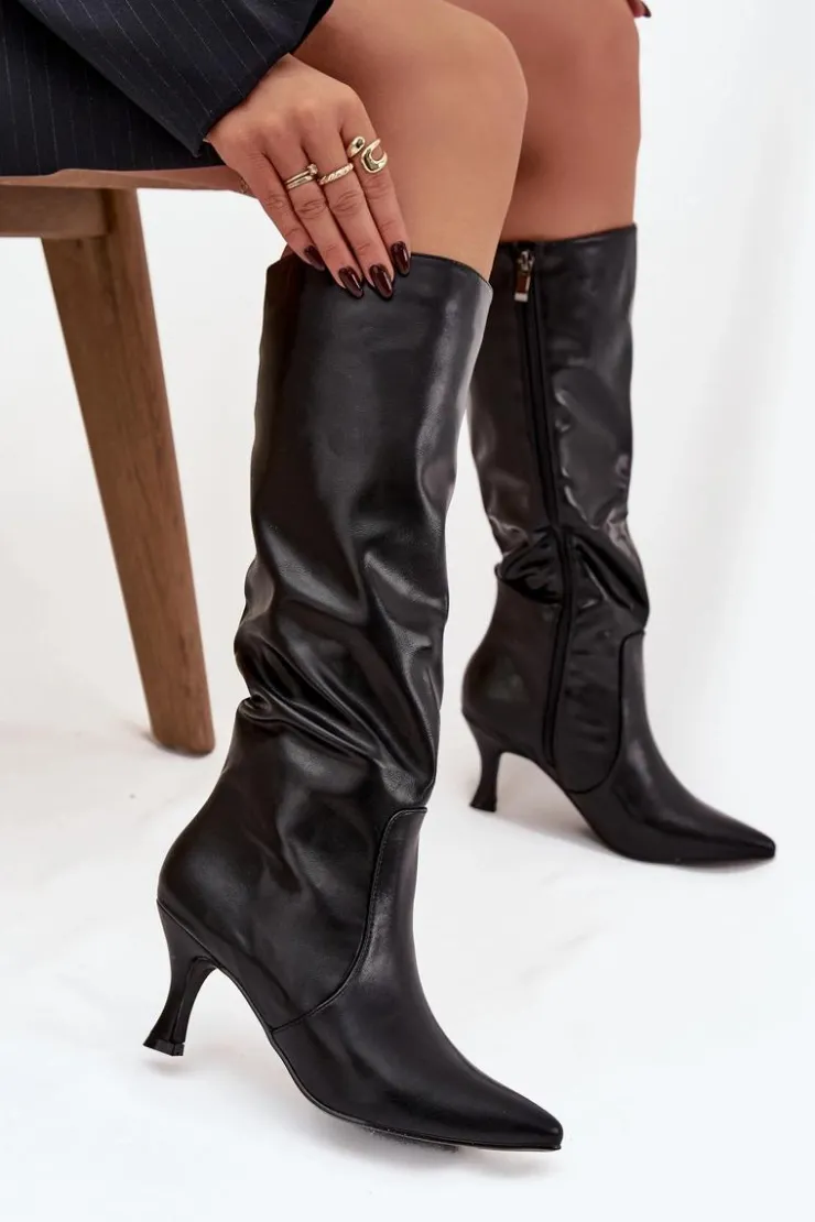 New Boto Kozaki Damskie Na Szpilce Z Eko Skóry Czarne Karella