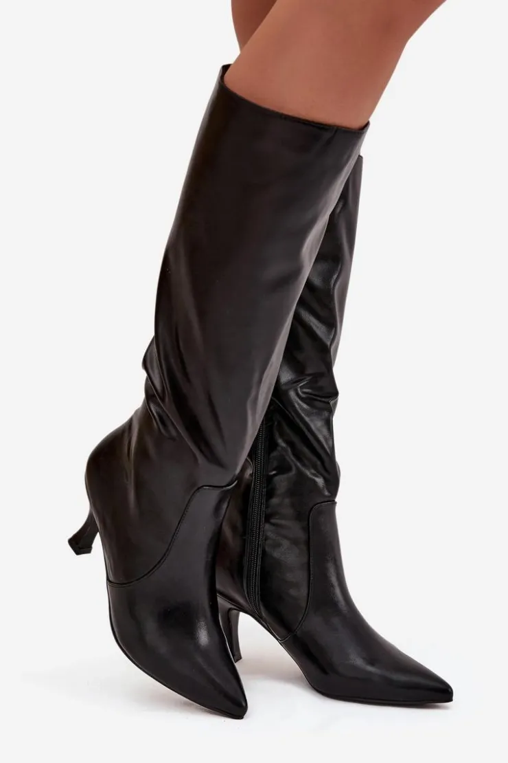 New Boto Kozaki Damskie Na Szpilce Z Eko Skóry Czarne Karella