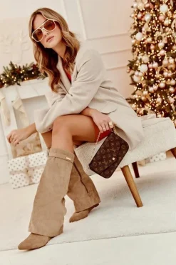 Damskie Boto Kozaki Damskie Na Ukrytym Koturnie Beżowe Pattia