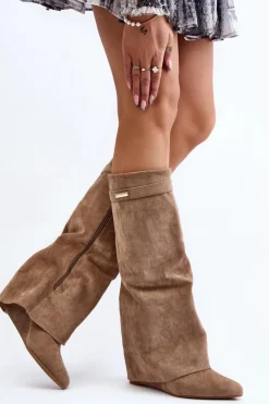 Damskie Boto Kozaki Damskie Na Ukrytym Koturnie Beżowe Pattia