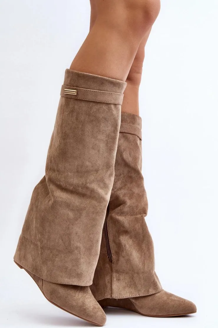 Damskie Boto Kozaki Damskie Na Ukrytym Koturnie Beżowe Pattia