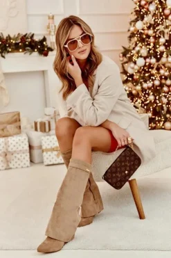 Damskie Boto Kozaki Damskie Na Ukrytym Koturnie Beżowe Pattia