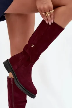 Damskie Boto Kozaki Damskie Ocieplane Na płaskim Obcasie Eko Zamszowe Bordowe Delyssa
