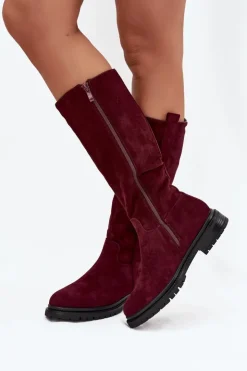 Damskie Boto Kozaki Damskie Ocieplane Na płaskim Obcasie Eko Zamszowe Bordowe Delyssa