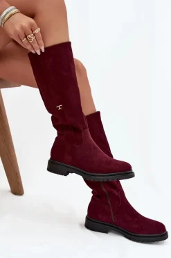 Damskie Boto Kozaki Damskie Ocieplane Na płaskim Obcasie Eko Zamszowe Bordowe Delyssa