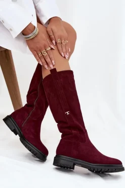 Damskie Boto Kozaki Damskie Ocieplane Na płaskim Obcasie Eko Zamszowe Bordowe Delyssa