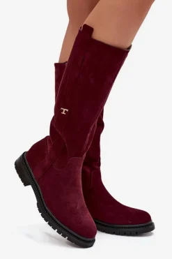 Damskie Boto Kozaki Damskie Ocieplane Na płaskim Obcasie Eko Zamszowe Bordowe Delyssa