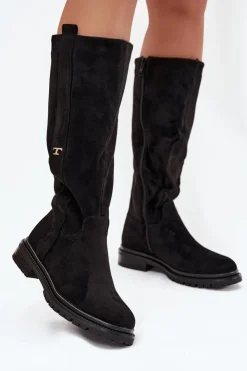 Hot Boto Kozaki Damskie Ocieplane Na płaskim Obcasie Eko Zamszowe Czarne Delyssa