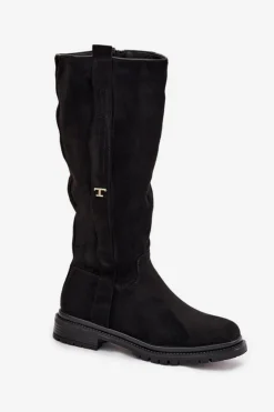 Hot Boto Kozaki Damskie Ocieplane Na płaskim Obcasie Eko Zamszowe Czarne Delyssa